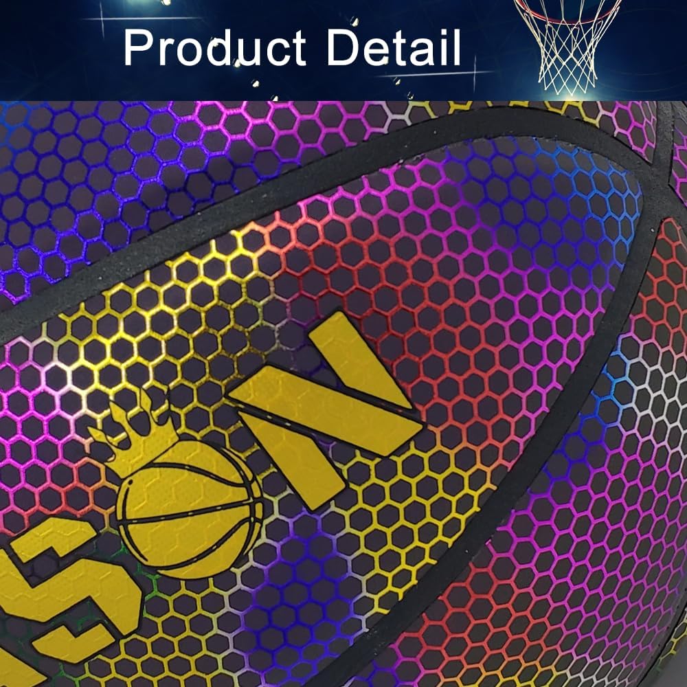 Holographic Basketball - Size 5 (27.5"), Size 6 (28.5"), Size 7 (29.5") Indoor/Outdoor Reflective Glowing Leather Basketball for Adults