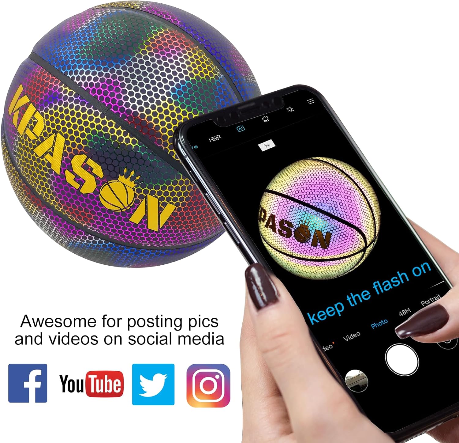 Holographic Basketball - Size 5 (27.5"), Size 6 (28.5"), Size 7 (29.5") Indoor/Outdoor Reflective Glowing Leather Basketball for Adults