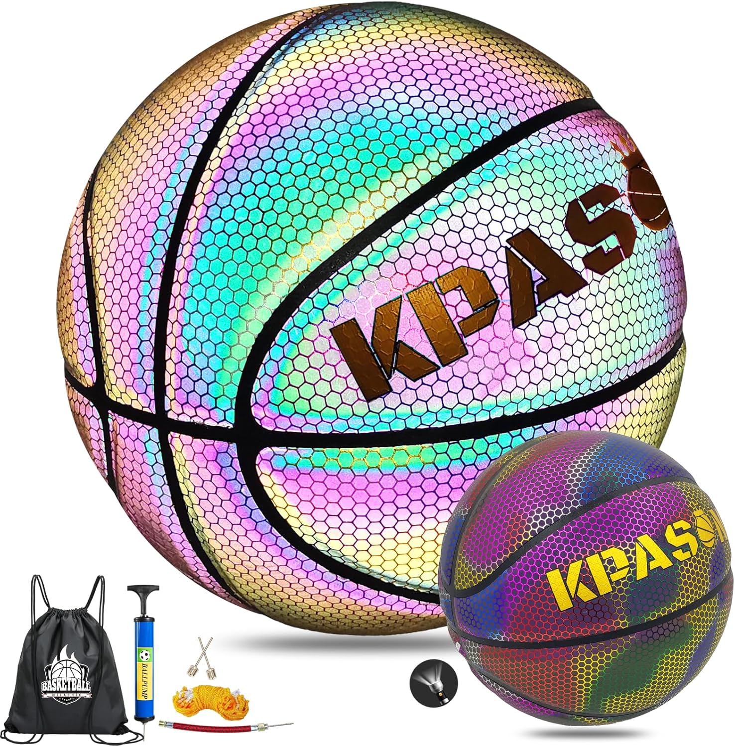 Holographic Basketball - Size 5 (27.5"), Size 6 (28.5"), Size 7 (29.5") Indoor/Outdoor Reflective Glowing Leather Basketball for Adults