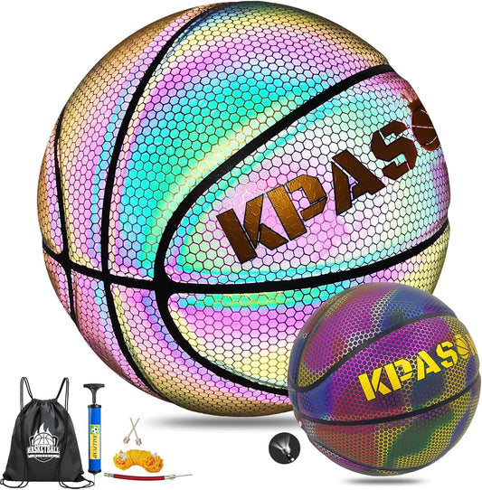 Holographic Basketball - Size 5 (27.5"), Size 6 (28.5"), Size 7 (29.5") Indoor/Outdoor Reflective Glowing Leather Basketball for Adults