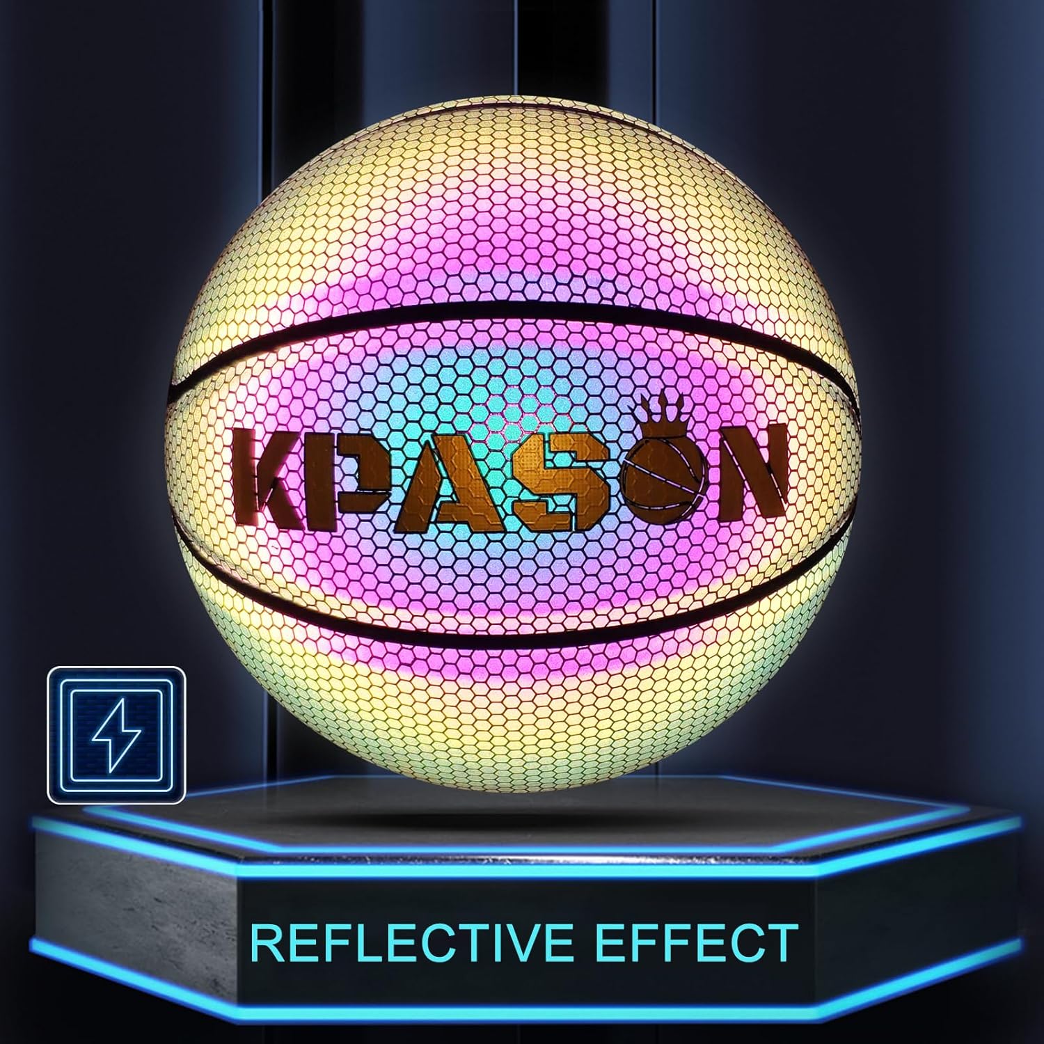 Holographic Basketball - Size 5 (27.5"), Size 6 (28.5"), Size 7 (29.5") Indoor/Outdoor Reflective Glowing Leather Basketball for Adults