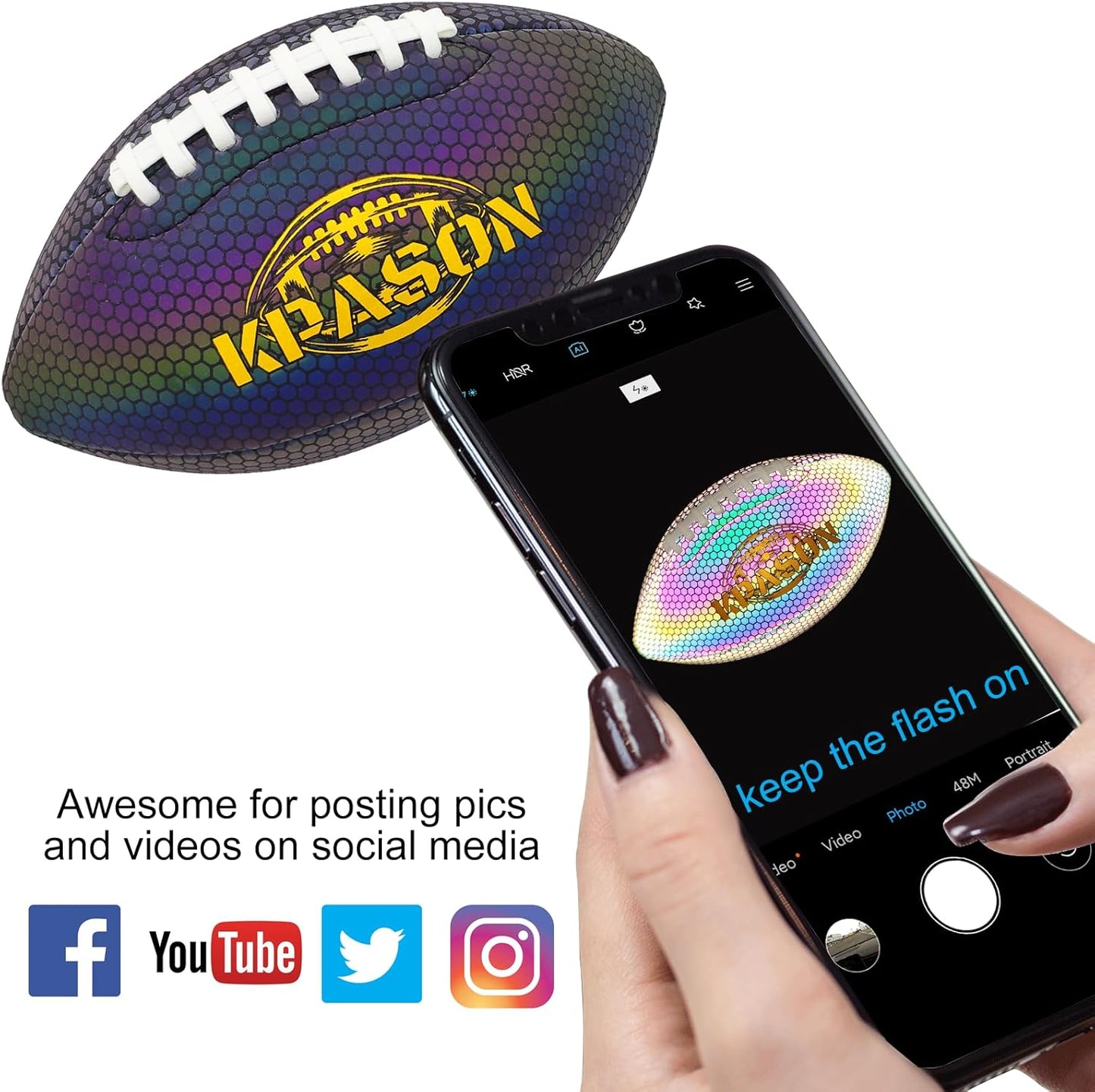 Football, Holographic Reflective Glowing Footballs with Pump for Kids, Teens and Adults - Synthetic Leather Outdoor All-Weather Footballs