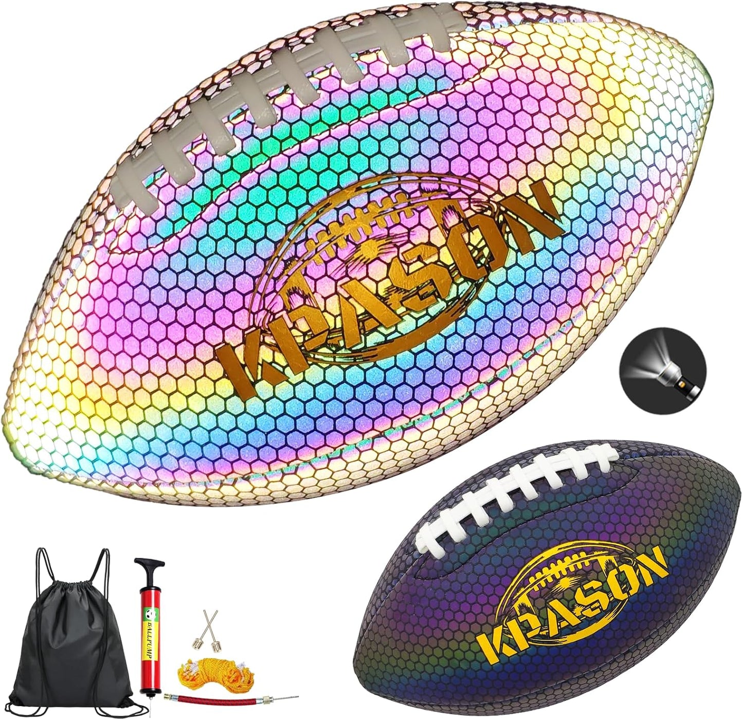 Football, Holographic Reflective Glowing Footballs with Pump for Kids, Teens and Adults - Synthetic Leather Outdoor All-Weather Footballs