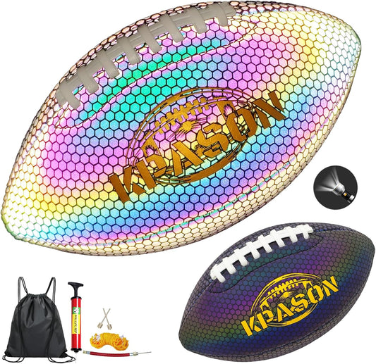 Football, Holographic Reflective Glowing Footballs with Pump for Kids, Teens and Adults - Synthetic Leather Outdoor All-Weather Footballs